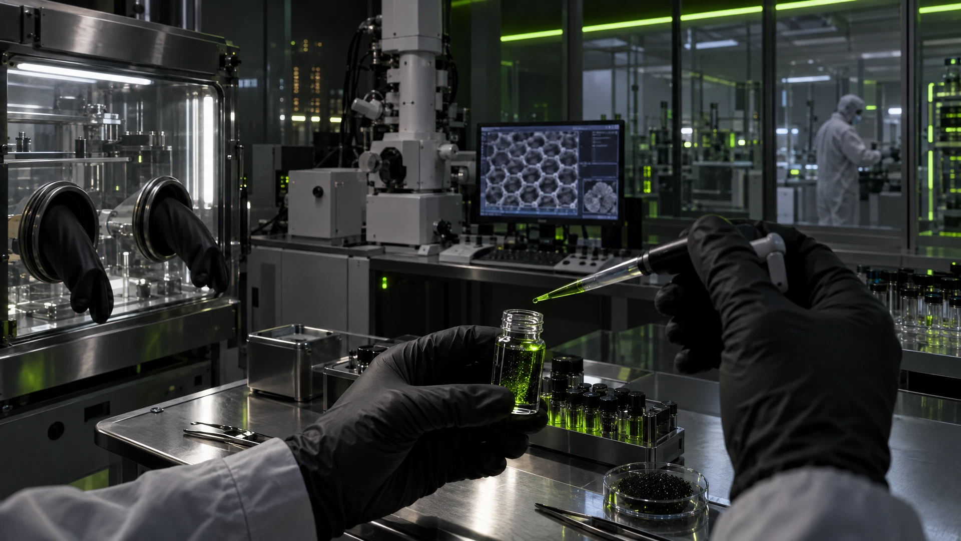 Scientist holding a vial of glowing nanofluid in a Nanogeios nanotechnology laboratory