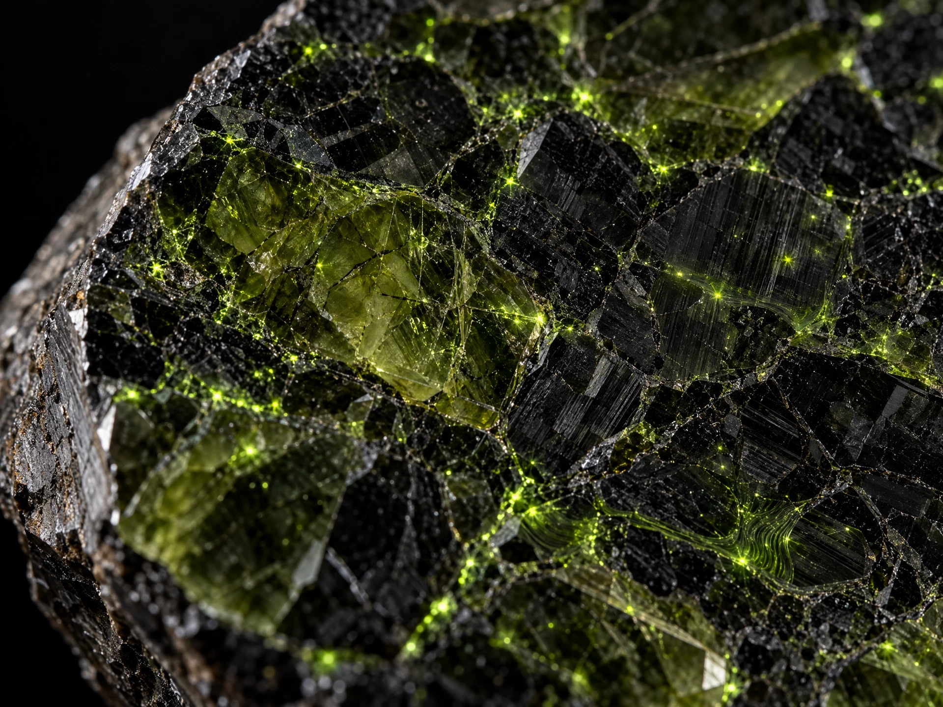Macro view of ultra-mafic crystalline rock with radiogenic micro-sources glowing green along grain boundaries